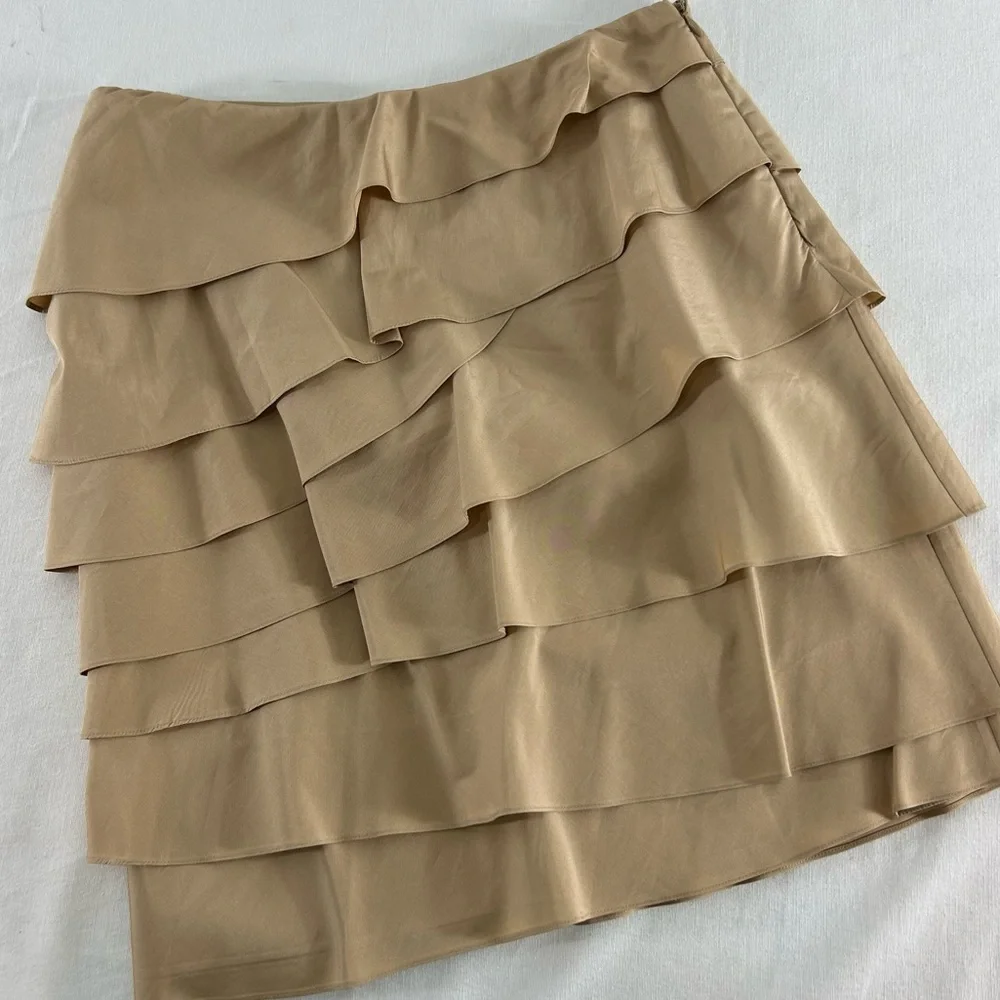 Ralph Lauren Black Label Silk Ruffle Skirt‎ Gold Beige Silk Lined Women’s 6 EUC